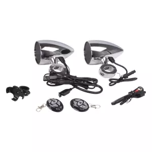 Reproduktory na motocykel, skúter, ATV - vodeodolné s USB, MP3, Bluetooth a 2x diaľkovým ovládaním / farba chrómová